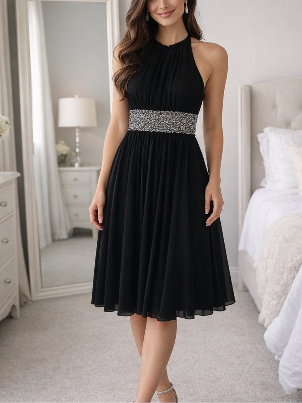Black Halter Midi Dress with Embellished Waist